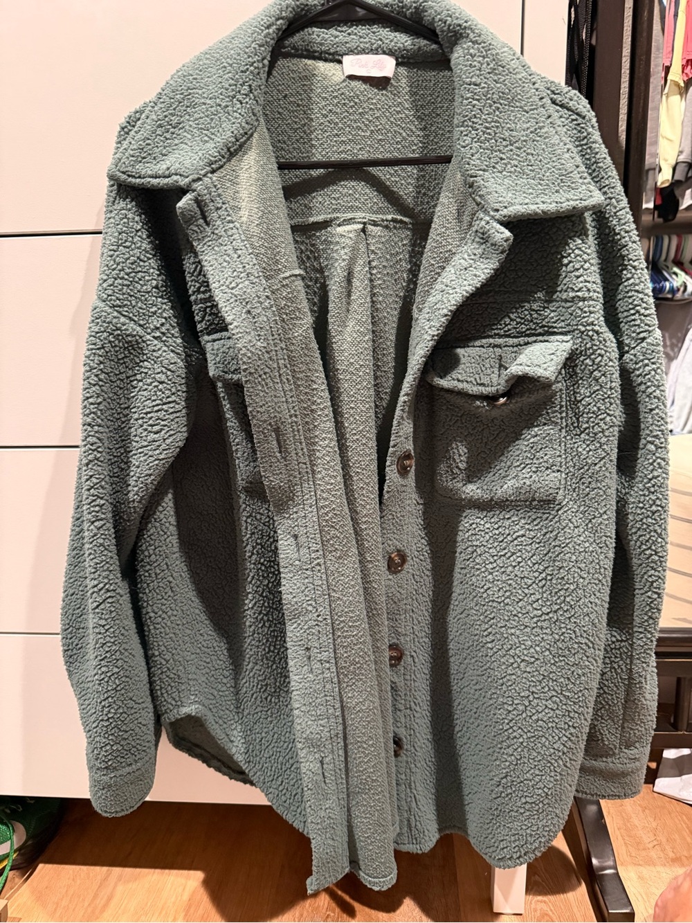 Pink Lily Sage Green Teddy Shacket Jacket